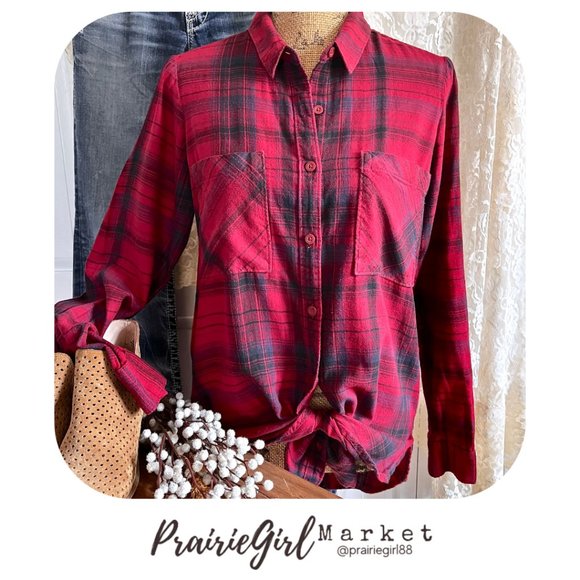 Mudd Tops - Women's Red Plaid Flannel Button Down Shirt - Mudd Red Flannel Shirt - Size M